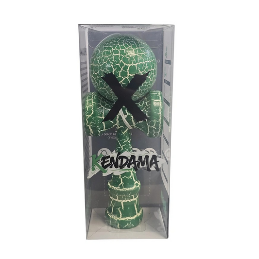 Kendama X Originala Berbis – Jucarie Interactiva din Lemn, 18 cm, Joc de Indemanare pentru Copii si Adulti, Design Cracked Verde-Alb