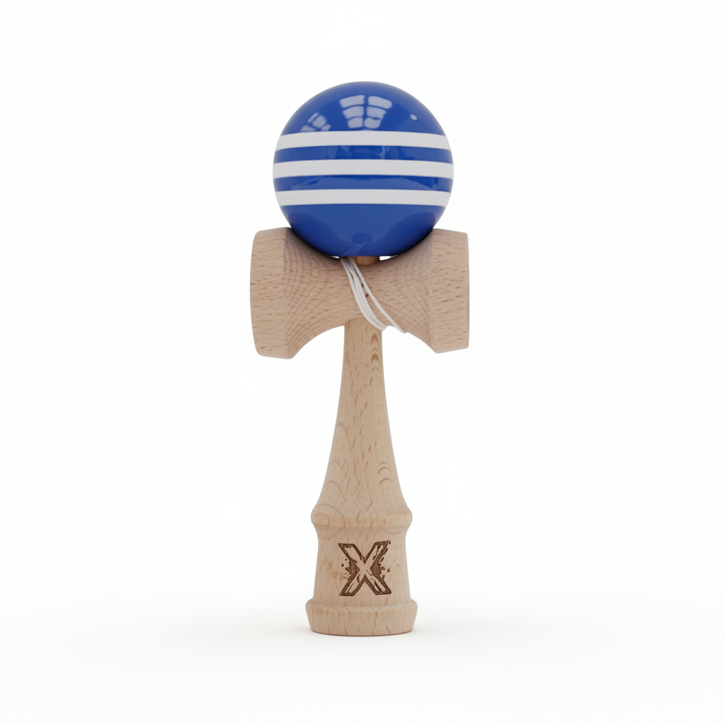 Kendama X Originala Super Sticky Berbis – Jucarie Interactiva din Lemn, 18 cm, Joc de Indemanare pentru Copii si Adulti, Model Bicolor Albastru-Alb In Dungi