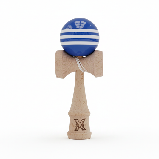 Kendama X Originala Super Sticky Berbis – Jucarie Interactiva din Lemn, 18 cm, Joc de Indemanare pentru Copii si Adulti, Model Bicolor Albastru-Alb In Dungi