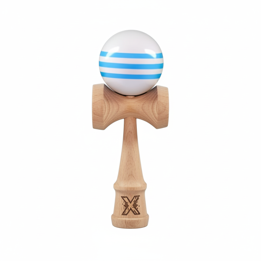 Kendama X Originala Super Sticky Berbis – Jucarie Interactiva din Lemn, 18 cm, Joc de Indemanare pentru Copii si Adulti, Model Bicolor Alb-Albastru In Dungi
