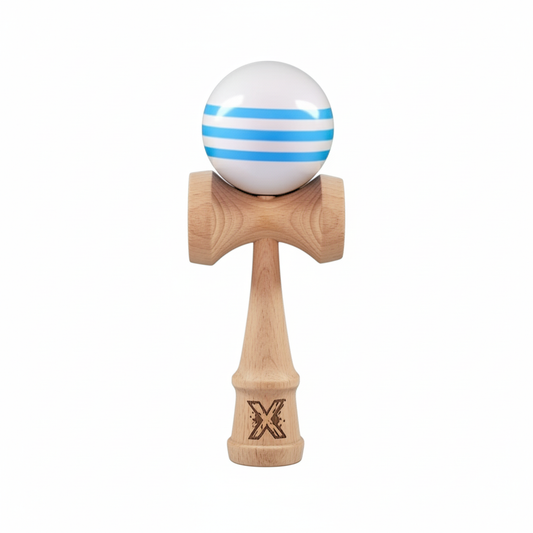 Kendama X Originala Super Sticky Berbis – Jucarie Interactiva din Lemn, 18 cm, Joc de Indemanare pentru Copii si Adulti, Model Bicolor Alb-Albastru In Dungi