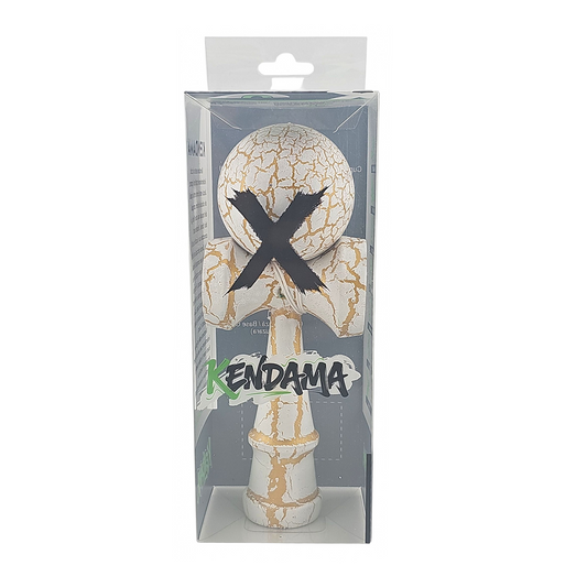 Kendama X Originala Berbis – Jucarie Interactiva din Lemn, 18 cm, Joc de Indemanare pentru Copii si Adulti, Design Cracked Alb-Galben