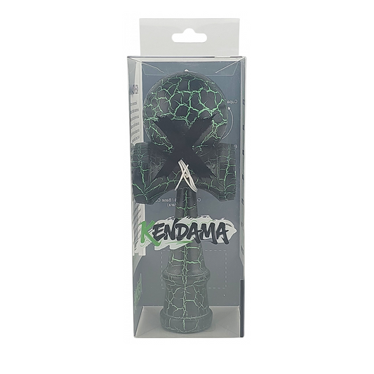 Kendama X Originala Berbis – Jucarie Interactiva din Lemn, 18 cm, Joc de Indemanare pentru Copii si Adulti, Design Cracked Negru-Verde