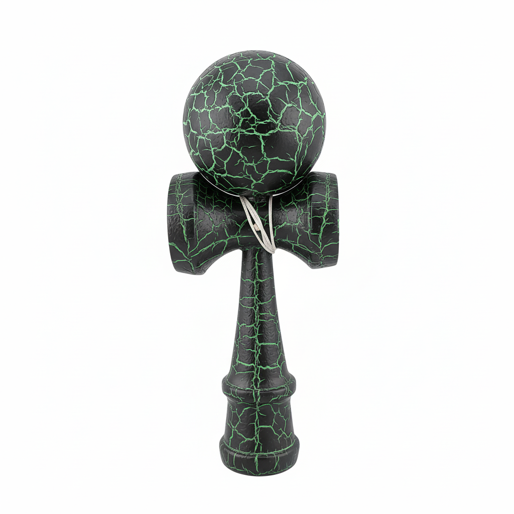 Kendama X Originala Berbis – Jucarie Interactiva din Lemn, 18 cm, Joc de Indemanare pentru Copii si Adulti, Design Cracked Negru-Verde