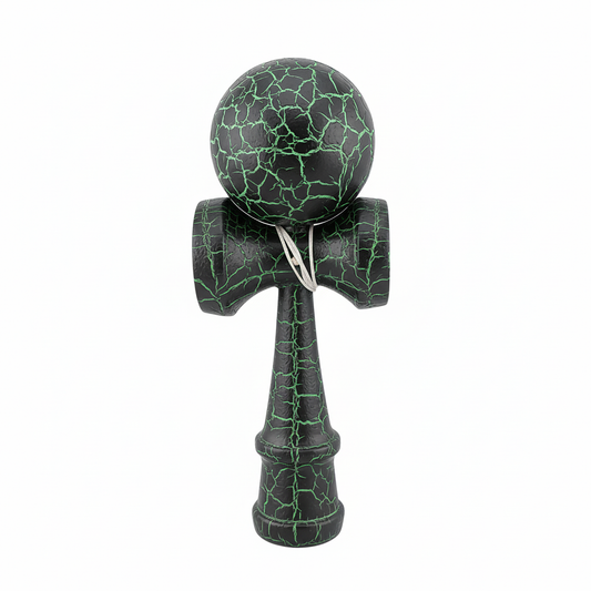 Kendama X Originala Berbis – Jucarie Interactiva din Lemn, 18 cm, Joc de Indemanare pentru Copii si Adulti, Design Cracked Negru-Verde