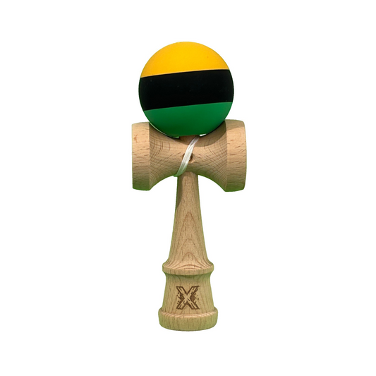 Kendama X Originala Super Sticky Berbis – Jucarie Interactiva din Lemn, 18 cm, Joc de Indemanare pentru Copii si Adulti, Multicolor Galben-Negru-Verde in Linii