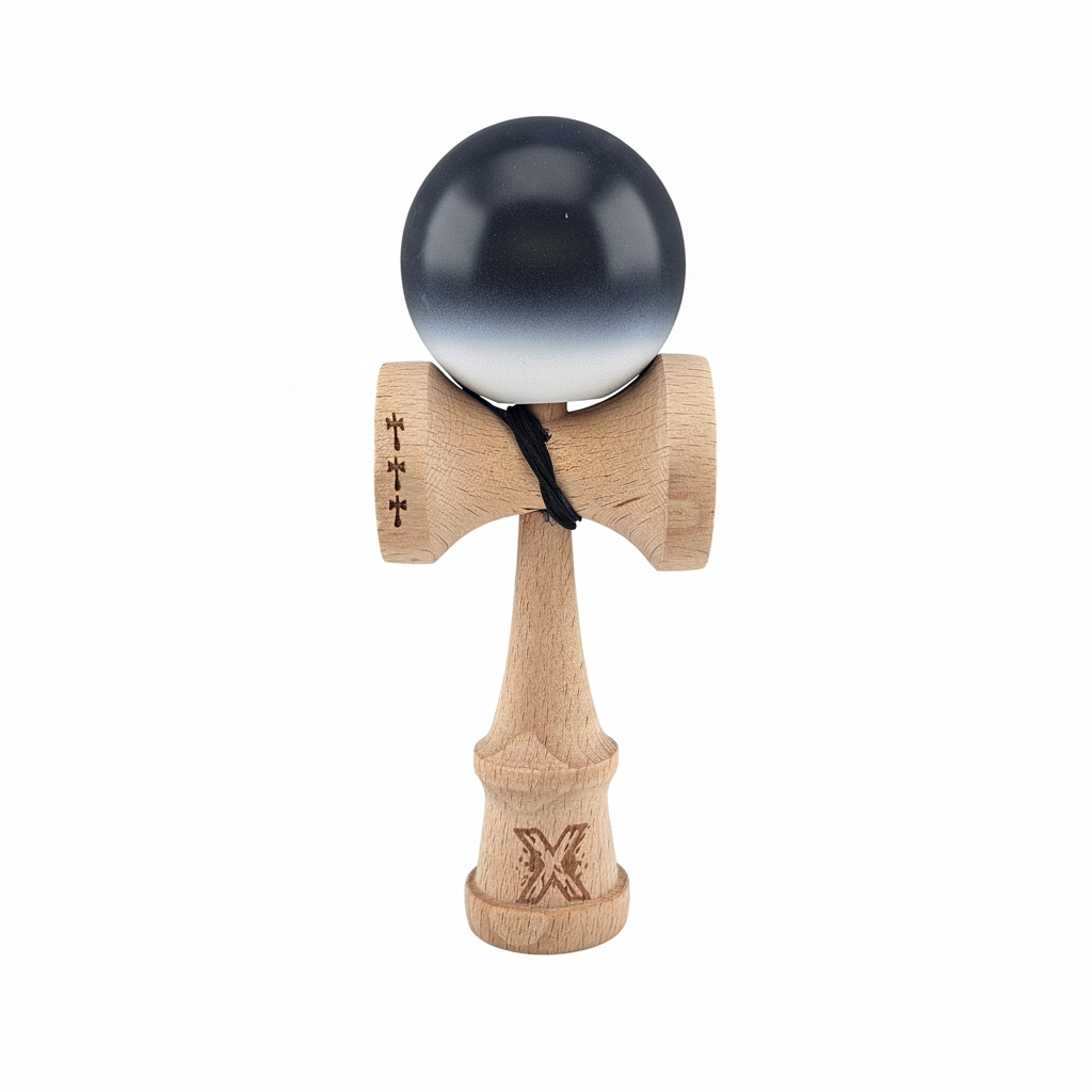 Kendama X Originala - Cupe Mari - Profesionala - Rubber Grip - Jucarie Interactiva din Lemn, 18 cm, Joc de Indemanare pentru Copii si Adulti, Model Negru-Alb in Degrade