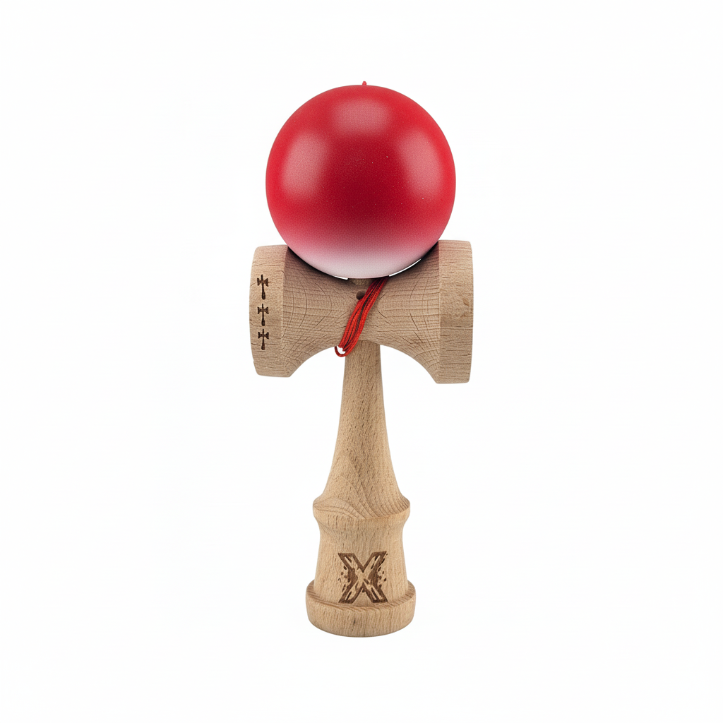 Kendama X Originala - Cupe Mari - Profesionala - Rubber Grip - Jucarie Interactiva din Lemn, 18 cm, Joc de Indemanare pentru Copii si Adulti, Model Rosu-Alb in Degrade
