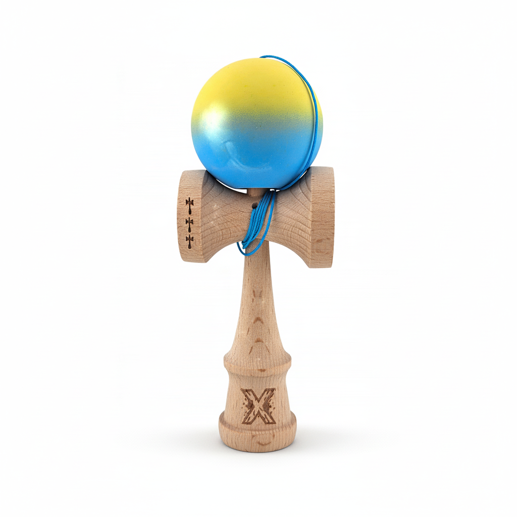 Kendama X Originala - Cupe Mari - Profesionala - Rubber Grip - Jucarie Interactiva din Lemn, 18 cm, Joc de Indemanare pentru Copii si Adulti, Model Galben-Albastru in Degrade