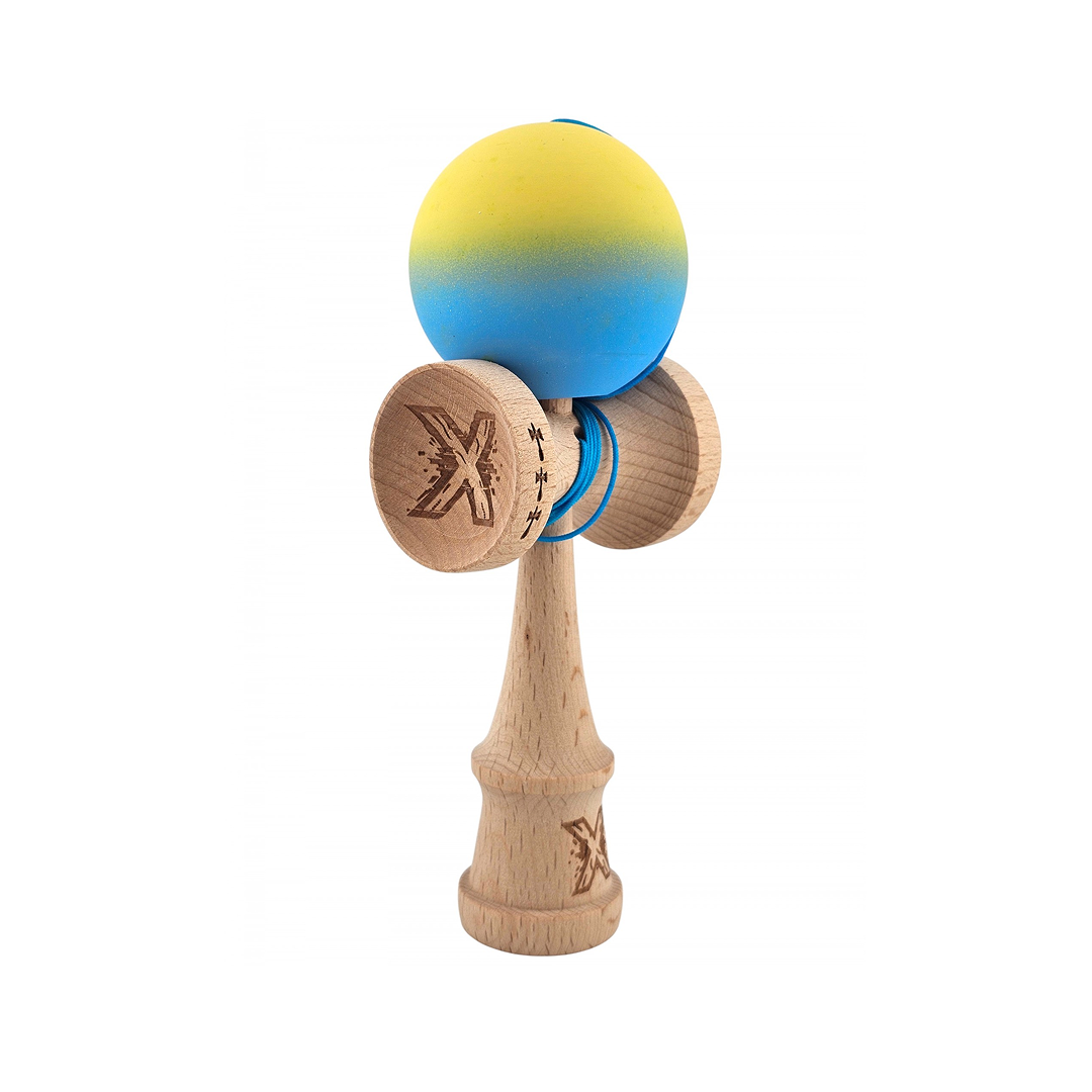 Kendama X Originala - Cupe Mari - Profesionala - Rubber Grip - Jucarie Interactiva din Lemn, 18 cm, Joc de Indemanare pentru Copii si Adulti, Model Galben-Albastru in Degrade