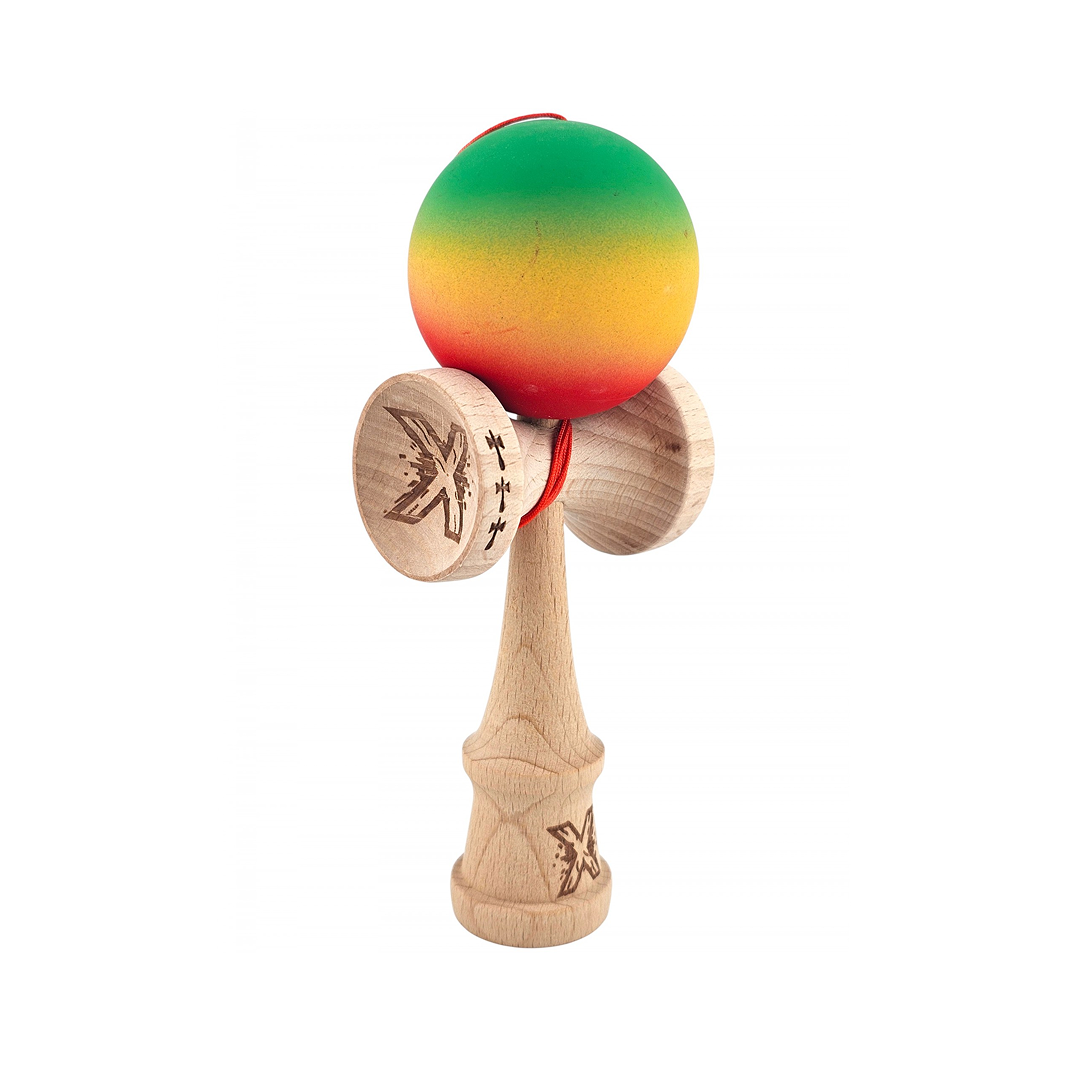 Kendama X Originala - Cupe Mari - Profesionala - Rubber Grip - Jucarie Interactiva din Lemn, 18 cm, Joc de Indemanare pentru Copii si Adulti, Model Verde-Galben-Rosu in Degrade