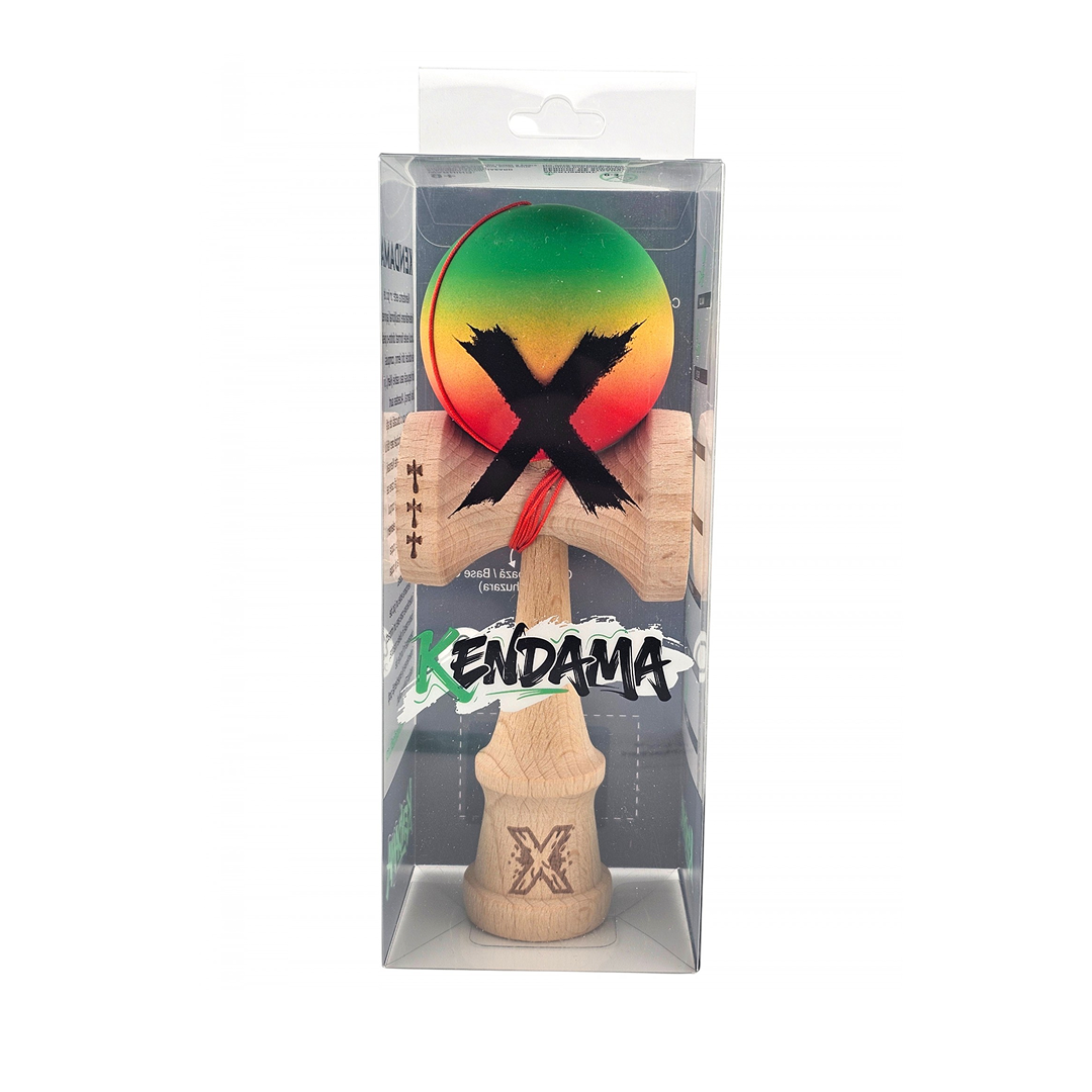 Kendama X Originala - Cupe Mari - Profesionala - Rubber Grip - Jucarie Interactiva din Lemn, 18 cm, Joc de Indemanare pentru Copii si Adulti, Model Verde-Galben-Rosu in Degrade