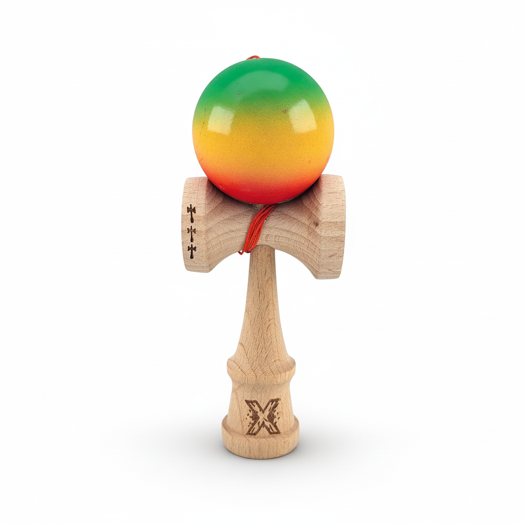 Kendama X Originala - Cupe Mari - Profesionala - Rubber Grip - Jucarie Interactiva din Lemn, 18 cm, Joc de Indemanare pentru Copii si Adulti, Model Verde-Galben-Rosu in Degrade