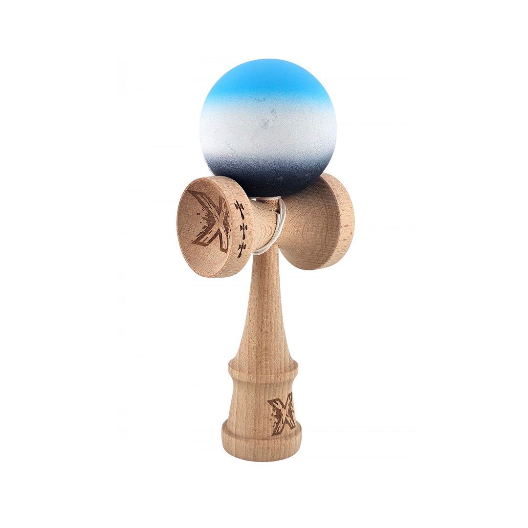 Kendama X Originala - Cupe Mari - Profesionala - Rubber Grip - Jucarie Interactiva din Lemn, 18 cm, Joc de Indemanare pentru Copii si Adulti, Model Albastru-Alb-Violet in Degrade