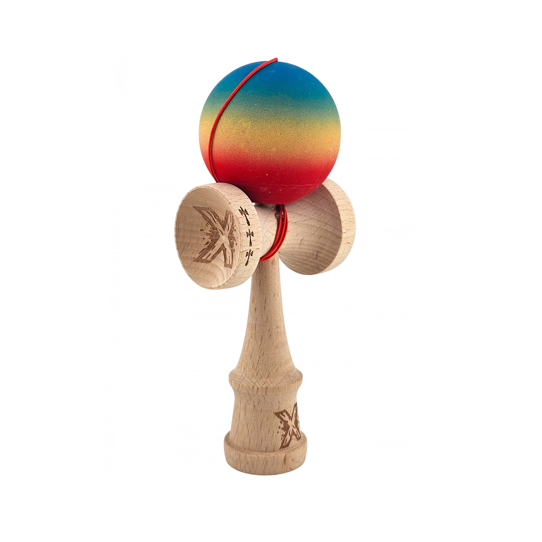 Kendama X Originala - Cupe Mari - Profesionala - Rubber Grip - Jucarie Interactiva din Lemn, 18 cm, Joc de Indemanare pentru Copii si Adulti, Model Albastru-Galben-Rosu in Degrade
