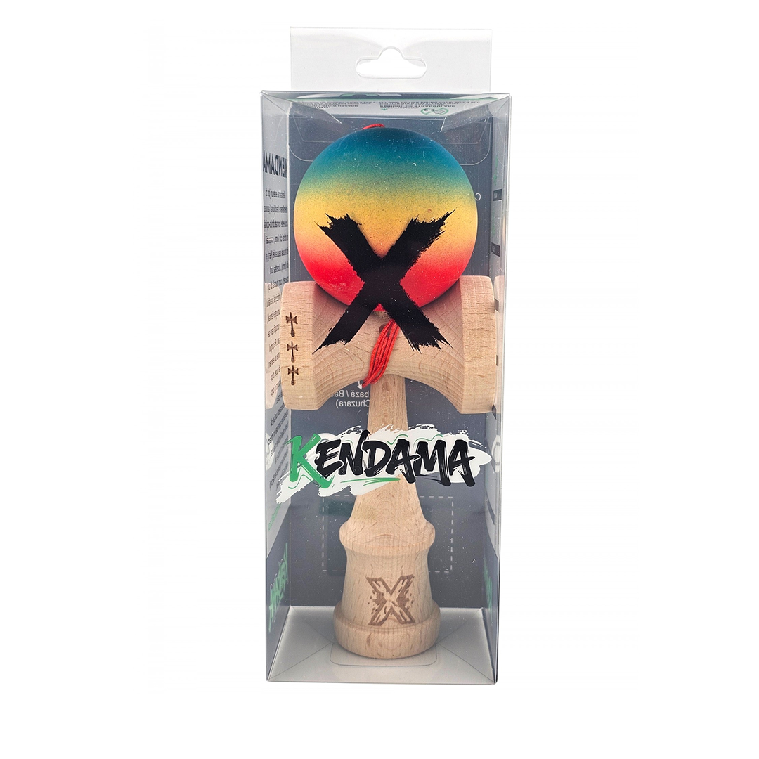 Kendama X Originala - Cupe Mari - Profesionala - Rubber Grip - Jucarie Interactiva din Lemn, 18 cm, Joc de Indemanare pentru Copii si Adulti, Model Albastru-Galben-Rosu in Degrade