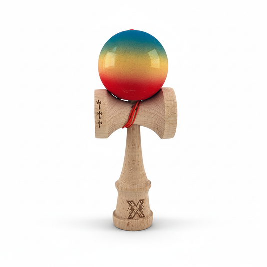 Kendama X Originala - Cupe Mari - Profesionala - Rubber Grip - Jucarie Interactiva din Lemn, 18 cm, Joc de Indemanare pentru Copii si Adulti, Model Albastru-Galben-Rosu in Degrade