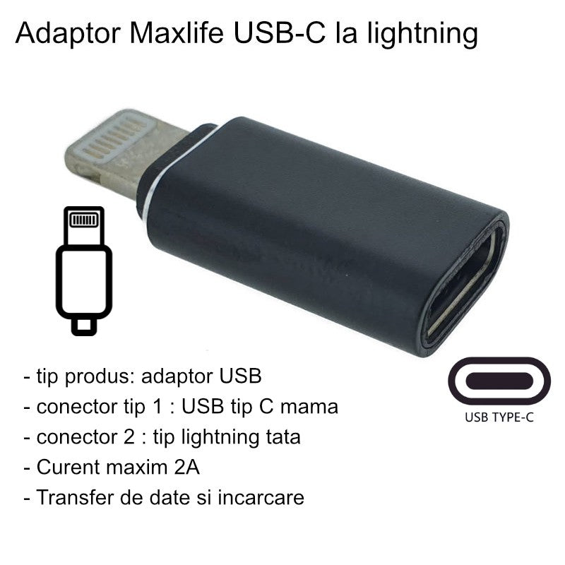 Adaptor USB-C Mama la Lightning Tata, Convertor Date si Incarcare pentru iPhone, Carcasa Metalica cu Agatatoare Breloc, Negru