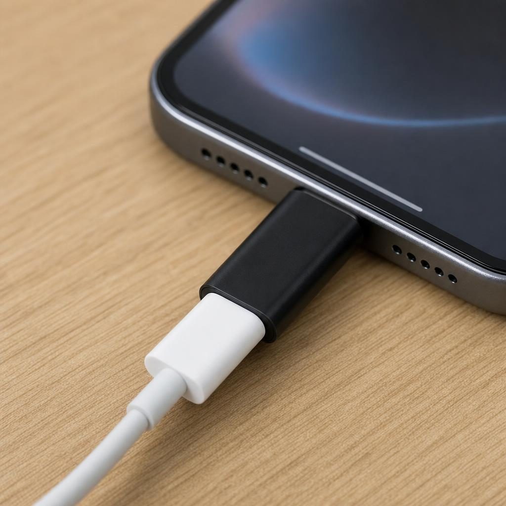 Adaptor USB-C Mama la Lightning Tata, Convertor Date si Incarcare pentru iPhone, Carcasa Metalica cu Agatatoare Breloc, Negru