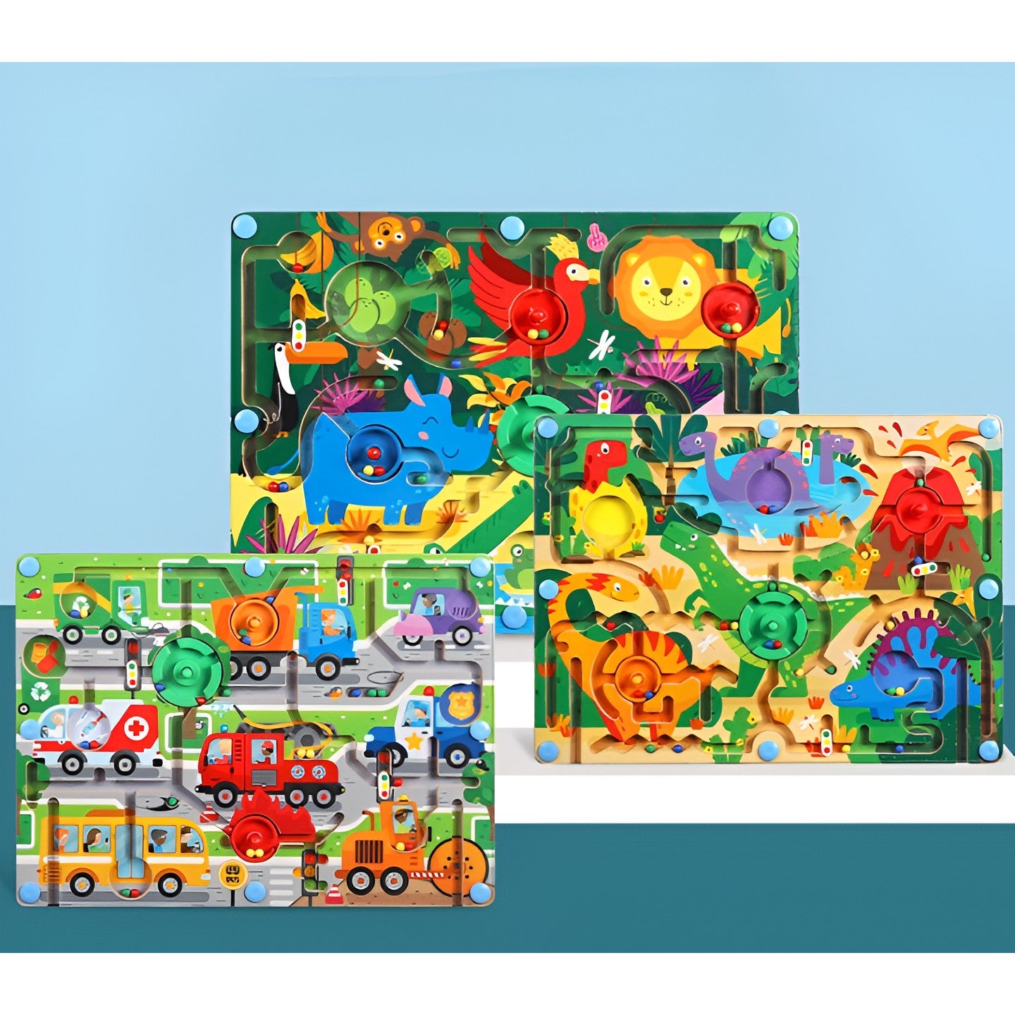 Joc Montessori de Sortare Culori, Berbis, Creion Magnetic, Tip Labirint Ilustrat, din Lemn, Model Animale Salbatice, 39x29x1.5 cm