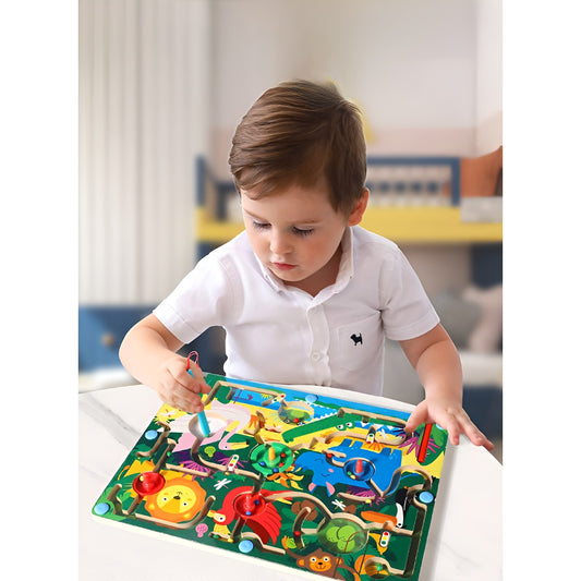 Joc Montessori de Sortare Culori, Berbis, Creion Magnetic, Tip Labirint Ilustrat, din Lemn, Model Animale Salbatice, 39x29x1.5 cm