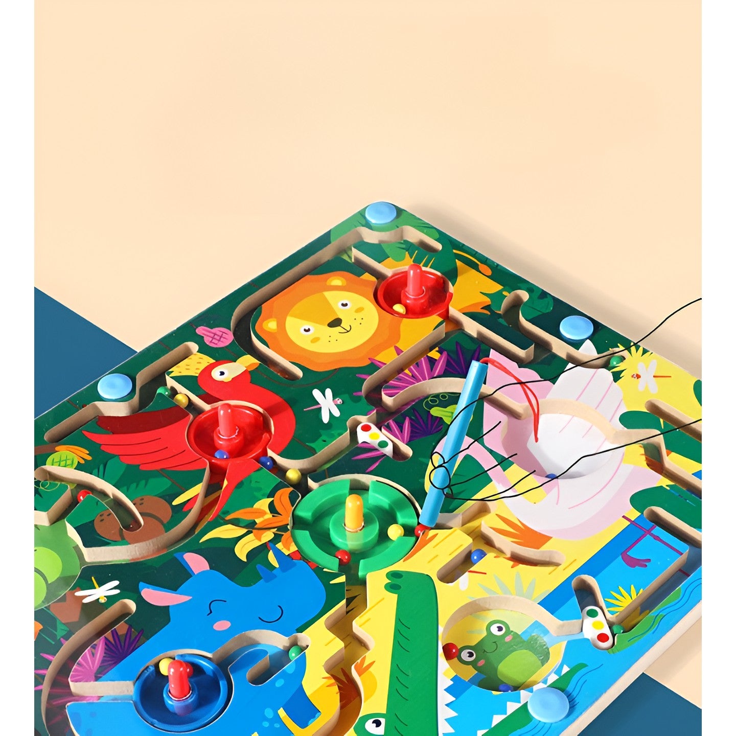 Joc Montessori de Sortare Culori, Berbis, Creion Magnetic, Tip Labirint Ilustrat, din Lemn, Model Animale Salbatice, 39x29x1.5 cm