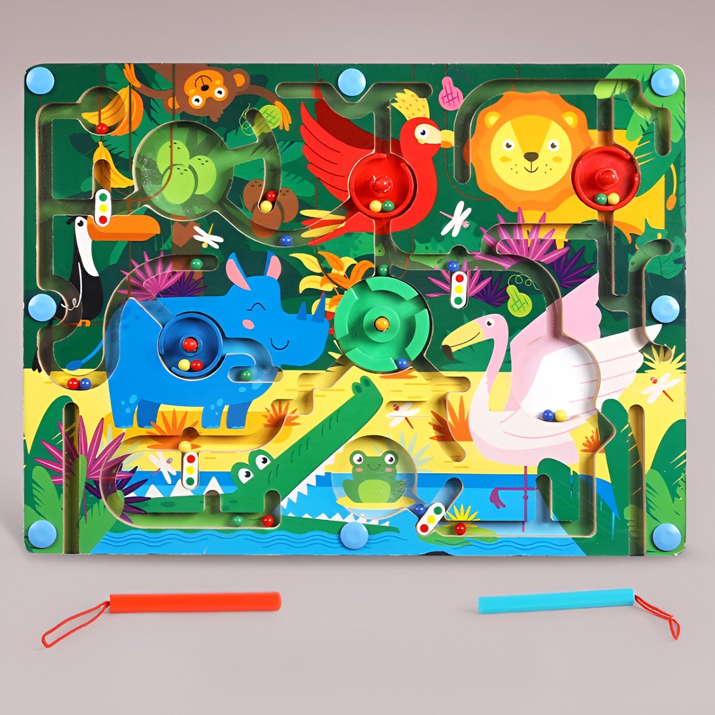 Joc Montessori de Sortare Culori, Berbis, Creion Magnetic, Tip Labirint Ilustrat, din Lemn, Model Animale Salbatice, 39x29x1.5 cm