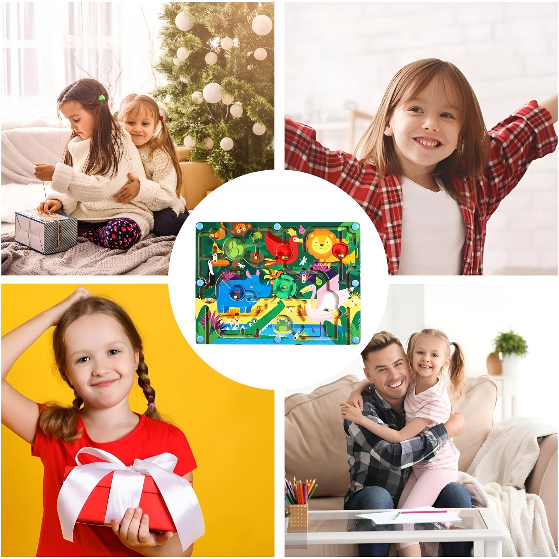 Joc Montessori de Sortare Culori, Berbis, Creion Magnetic, Tip Labirint Ilustrat, din Lemn, Model Animale Salbatice, 39x29x1.5 cm