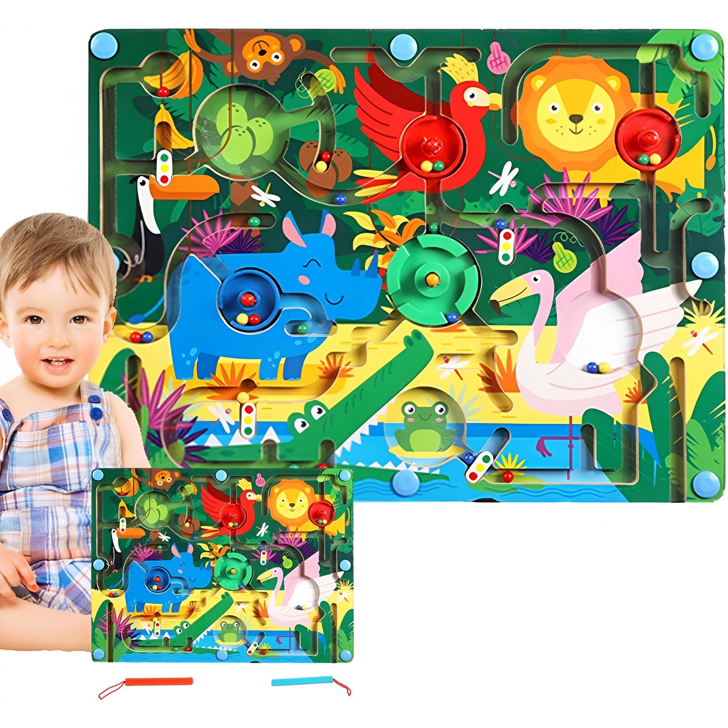 Joc Montessori de Sortare Culori, Berbis, Creion Magnetic, Tip Labirint Ilustrat, din Lemn, Model Animale Salbatice, 39x29x1.5 cm