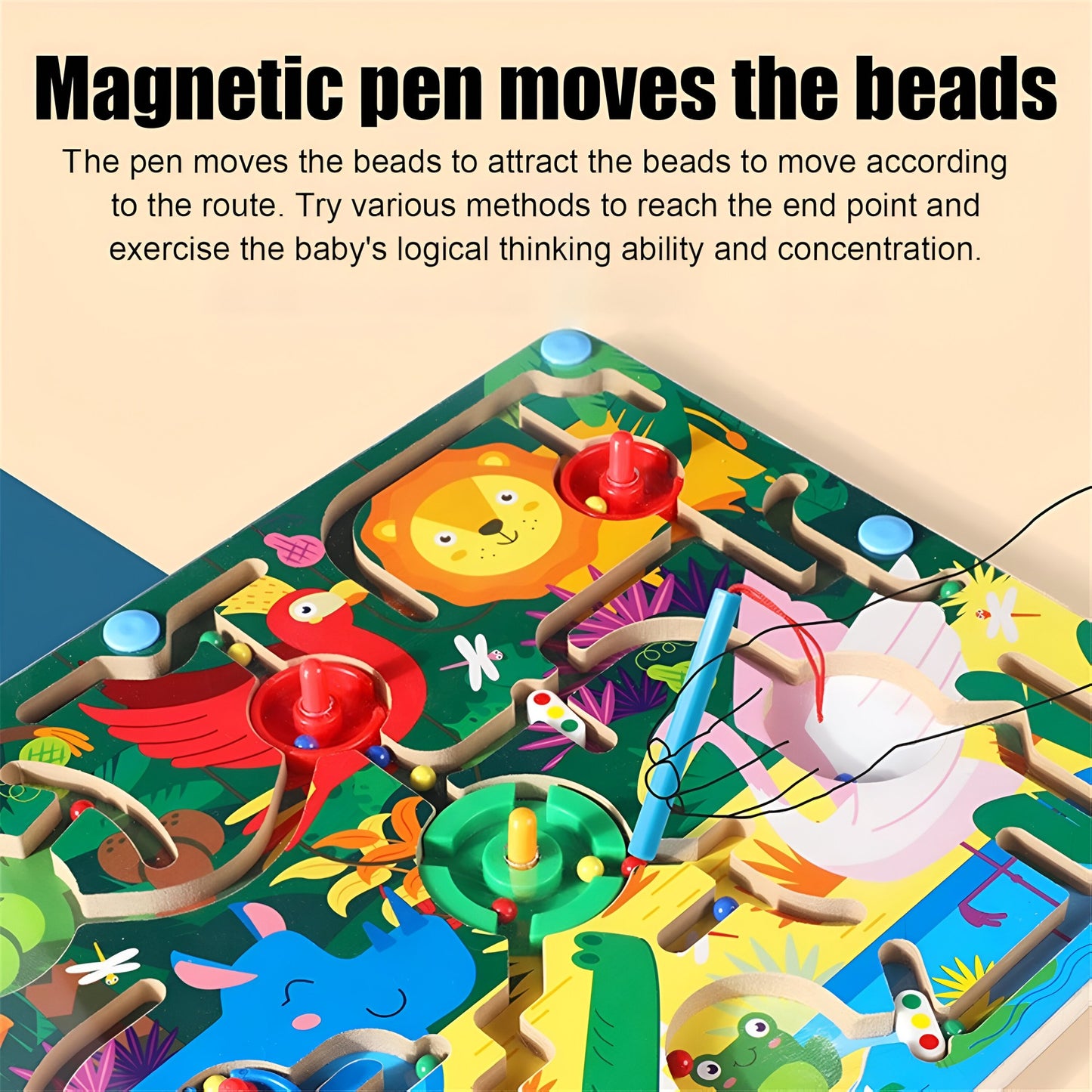 Joc Montessori de Sortare Culori, Berbis, Creion Magnetic, Tip Labirint Ilustrat, din Lemn, Model Animale Salbatice, 39x29x1.5 cm