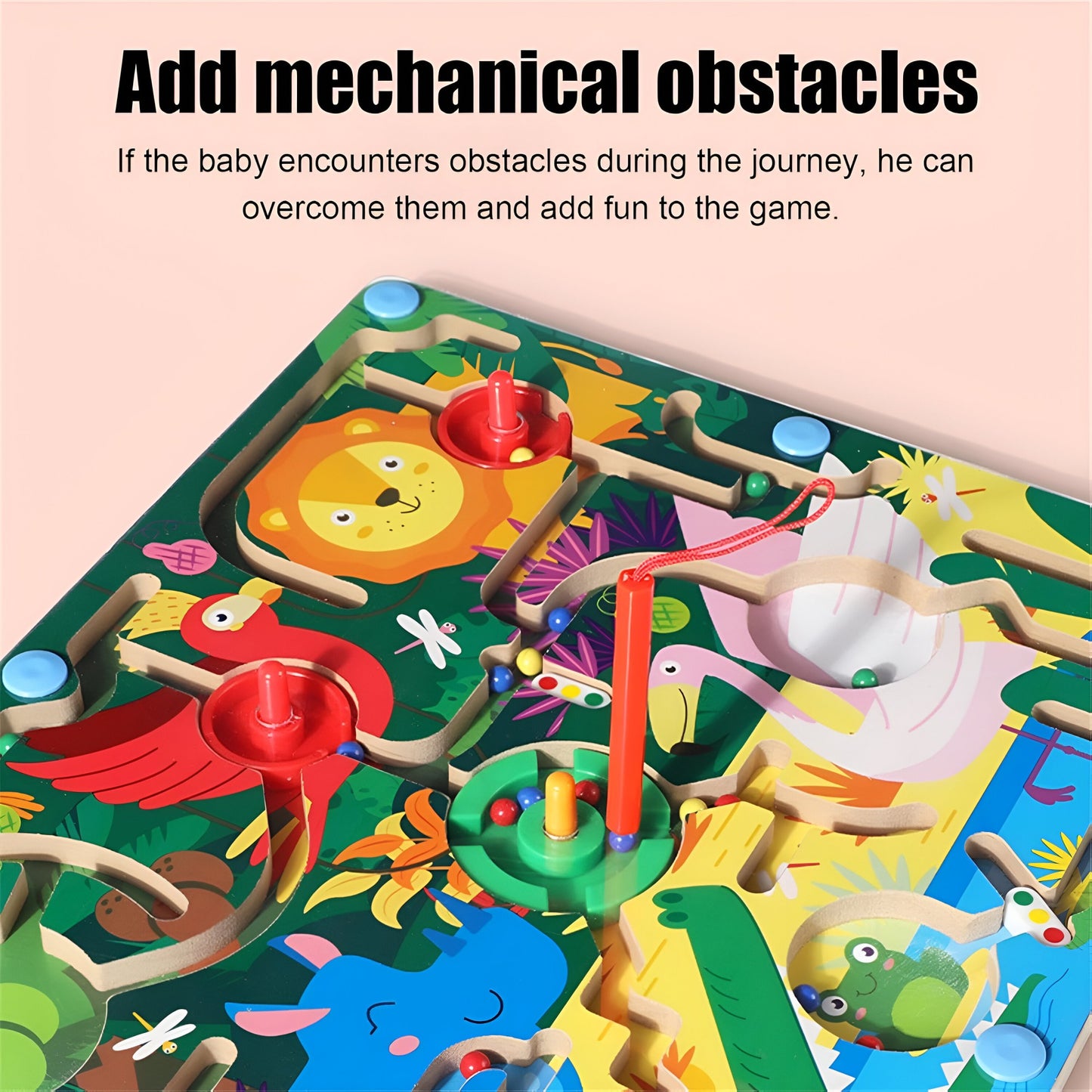 Joc Montessori de Sortare Culori, Berbis, Creion Magnetic, Tip Labirint Ilustrat, din Lemn, Model Animale Salbatice, 39x29x1.5 cm