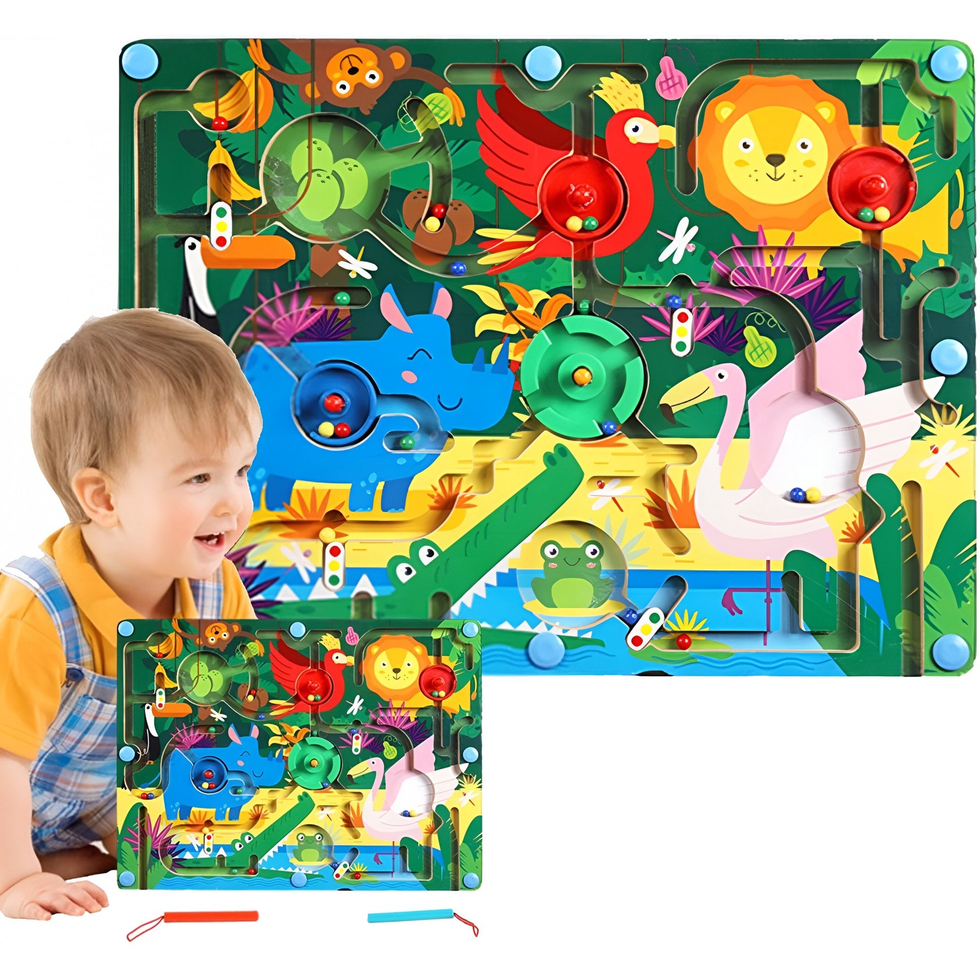 Joc Montessori de Sortare Culori, Berbis, Creion Magnetic, Tip Labirint Ilustrat, din Lemn, Model Animale Salbatice, 39x29x1.5 cm