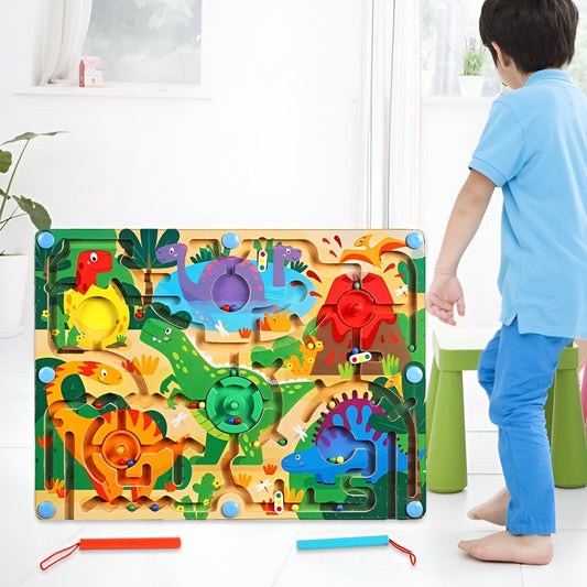 Joc de Sortare Culori din Lemn Montessori, Berbis, Model Dinozauri, Creion Magnetic, Tip Labirint Ilustrat, 39x29x1.5 cm
