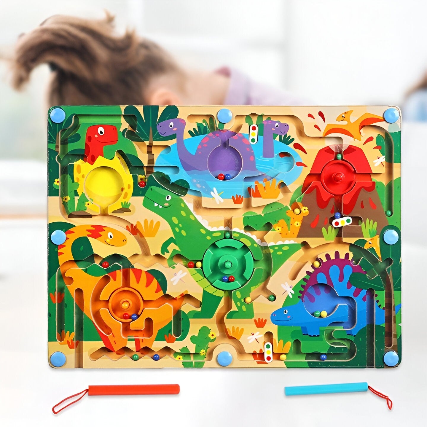 Joc de Sortare Culori din Lemn Montessori, Berbis, Model Dinozauri, Creion Magnetic, Tip Labirint Ilustrat, 39x29x1.5 cm