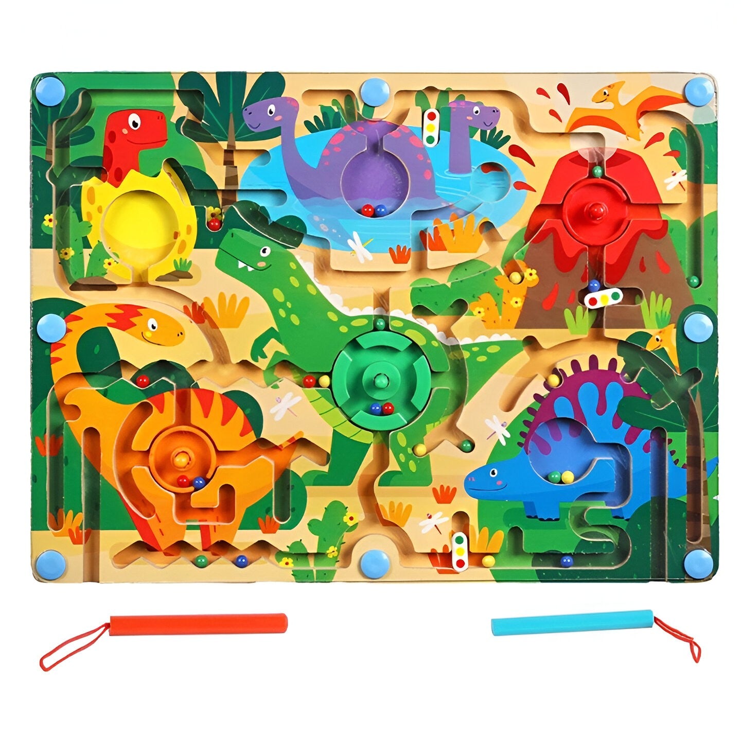 Joc de Sortare Culori din Lemn Montessori, Berbis, Model Dinozauri, Creion Magnetic, Tip Labirint Ilustrat, 39x29x1.5 cm