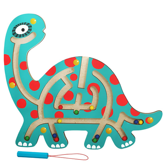 Joc cu Bile din Lemn tip Montessori, Berbis, Model Brontozaur, Creion Magnetic, Tip Labirint, 18x21 cm, Verde