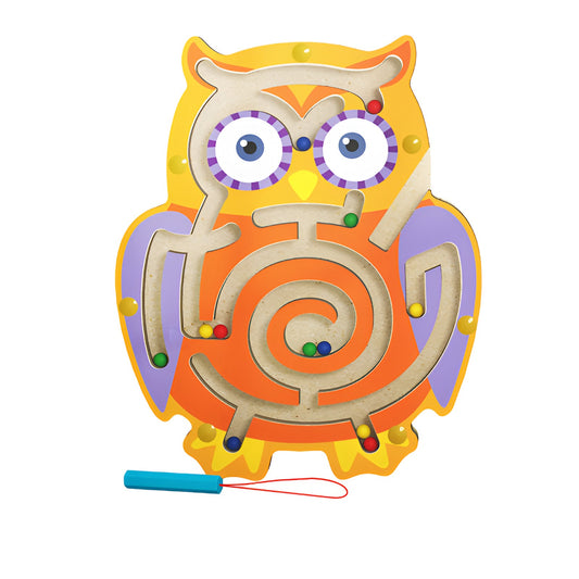 Joc cu Bile din Lemn tip Montessori, Berbis, Model Bufnita, Creion Magnetic, Tip Labirint, din Lemn, 18.5x17.5 cm, Portocaliu-Mov