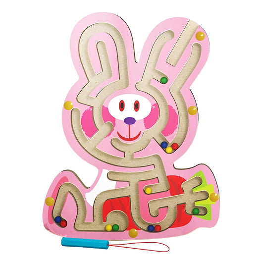 Joc cu Bile din Lemn tip Montessori, Berbis, Model Iepuras, Creion Magnetic, Tip Labirint, din Lemn, 19.5x15.5 cm, Roz