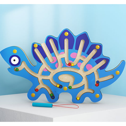 Joc cu Bile din Lemn tip Montessori, Berbis, Model Stegozaur, Creion Magnetic, Tip Labirint, 25x15.5 cm, Albastru