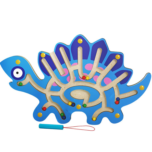 Joc cu Bile din Lemn tip Montessori, Berbis, Model Stegozaur, Creion Magnetic, Tip Labirint, 25x15.5 cm, Albastru