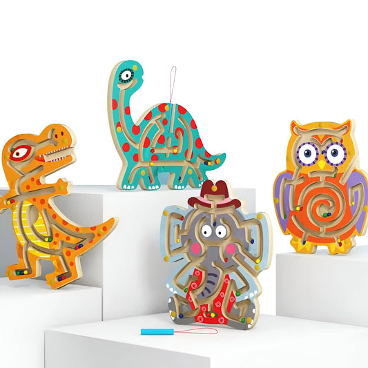 Joc cu Bile din Lemn tip Montessori, Berbis, Model Tiranozaur, Creion Magnetic, Tip Labirint, 21x18 cm, Portocaliu