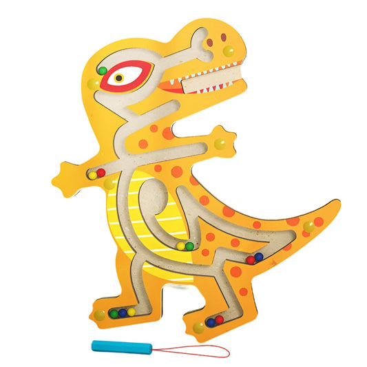 Joc cu Bile din Lemn tip Montessori, Berbis, Model Tiranozaur, Creion Magnetic, Tip Labirint, 21x18 cm, Portocaliu