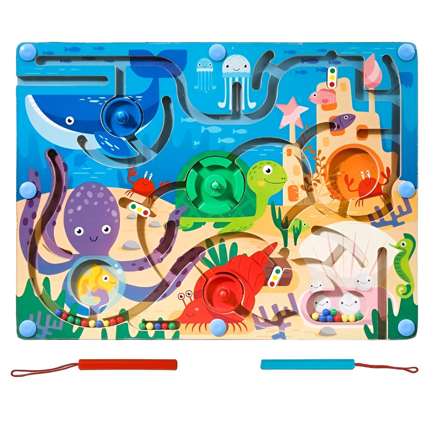 Joc de Sortare Culori din Lemn tip Montessori, Berbis, Model Animale Marine, Creion Magnetic, Tip Labirint Ilustrat, 39x29x1.5 cm
