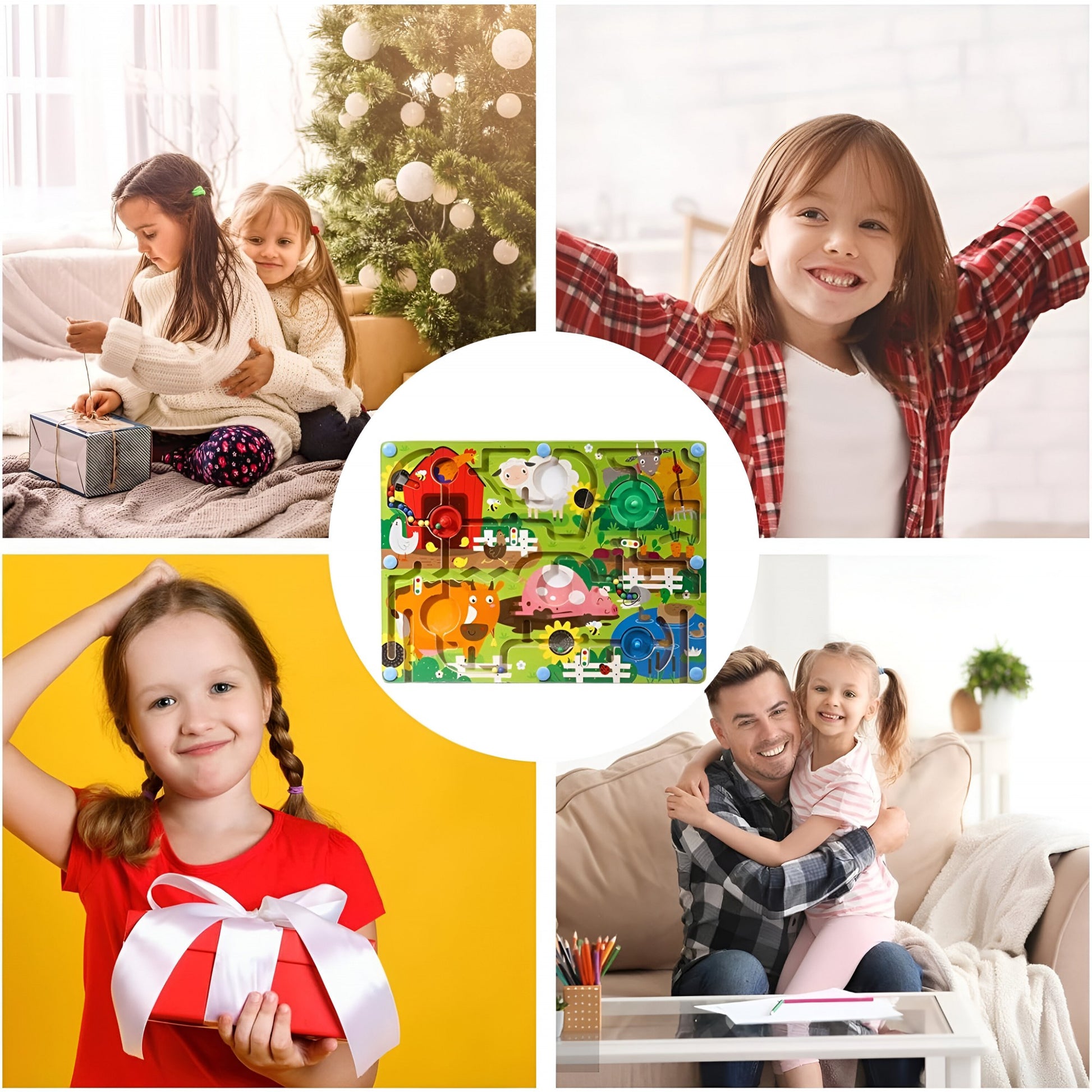 Joc de Sortare Culori din Lemn Montessori, Berbis, Model Ferma, Creion Magnetic, Tip Labirint Ilustrat, 39x29x1.5 cm