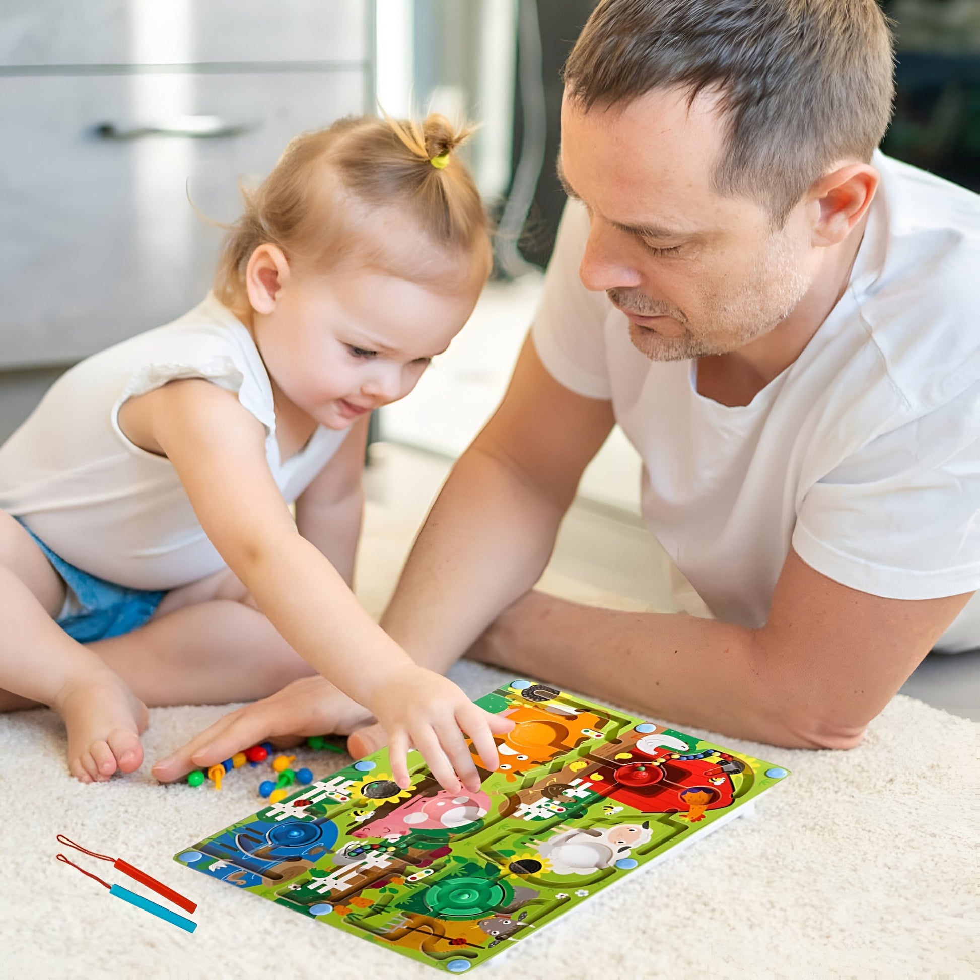 Joc de Sortare Culori din Lemn Montessori, Berbis, Model Ferma, Creion Magnetic, Tip Labirint Ilustrat, 39x29x1.5 cm