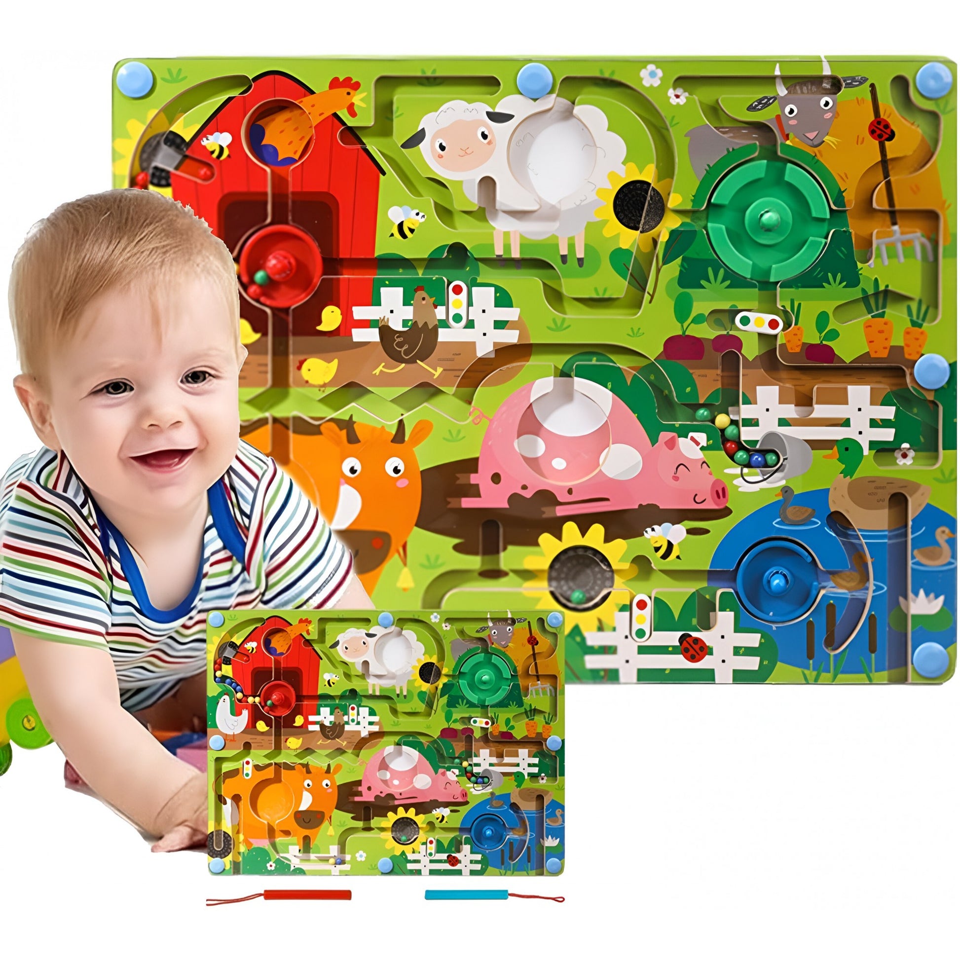 Joc de Sortare Culori din Lemn Montessori, Berbis, Model Ferma, Creion Magnetic, Tip Labirint Ilustrat, 39x29x1.5 cm