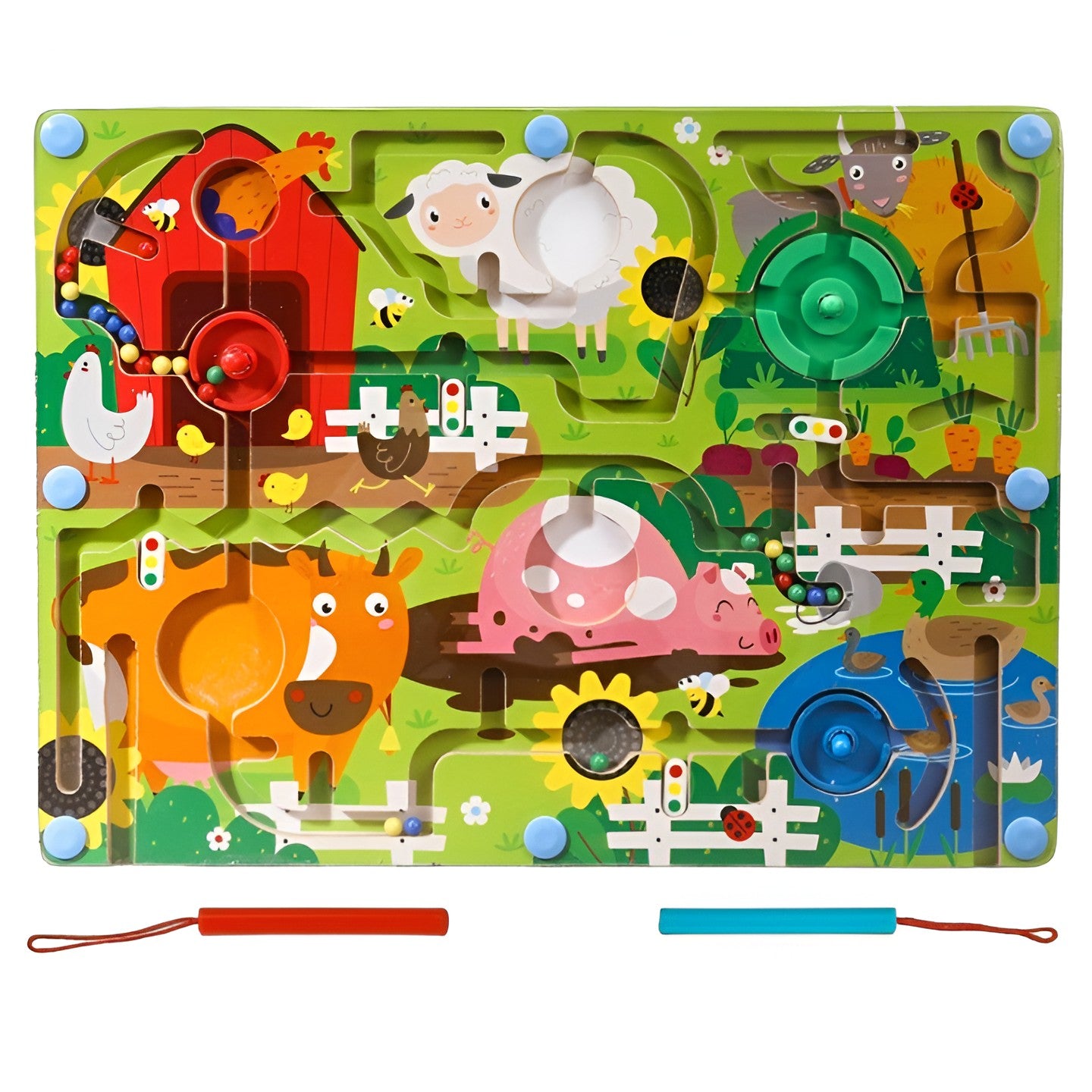 Joc de Sortare Culori din Lemn Montessori, Berbis, Model Ferma, Creion Magnetic, Tip Labirint Ilustrat, 39x29x1.5 cm