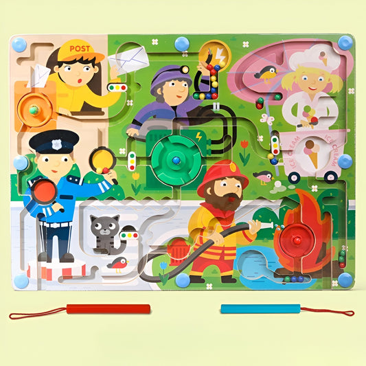 Joc de Sortare Culori din Lemn Montessori, Berbis, Model Meserii, Creion Magnetic, Tip Labirint Ilustrat, 39x29x1.5 cm