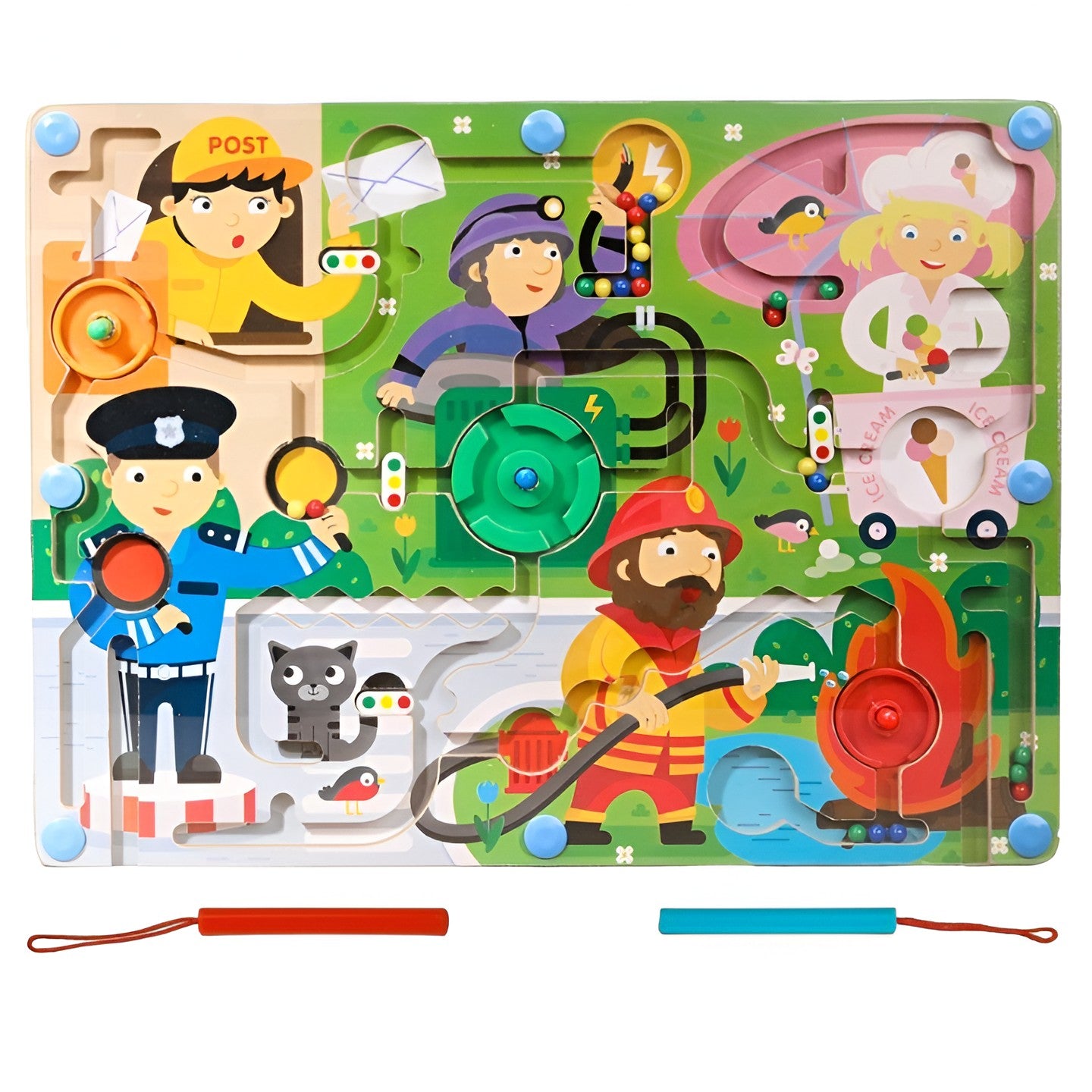 Joc de Sortare Culori din Lemn Montessori, Berbis, Model Meserii, Creion Magnetic, Tip Labirint Ilustrat, 39x29x1.5 cm