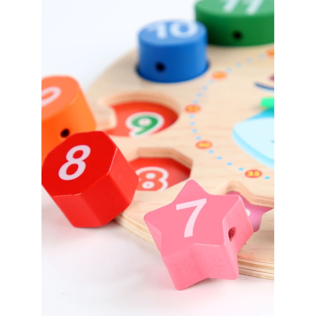 Jucarie Educativa Berbis, Tip Montessori, Model Ceas Pinguin, din Lemn, + 36 Luni, 12 Piese, 17.2 cm, Multicolor